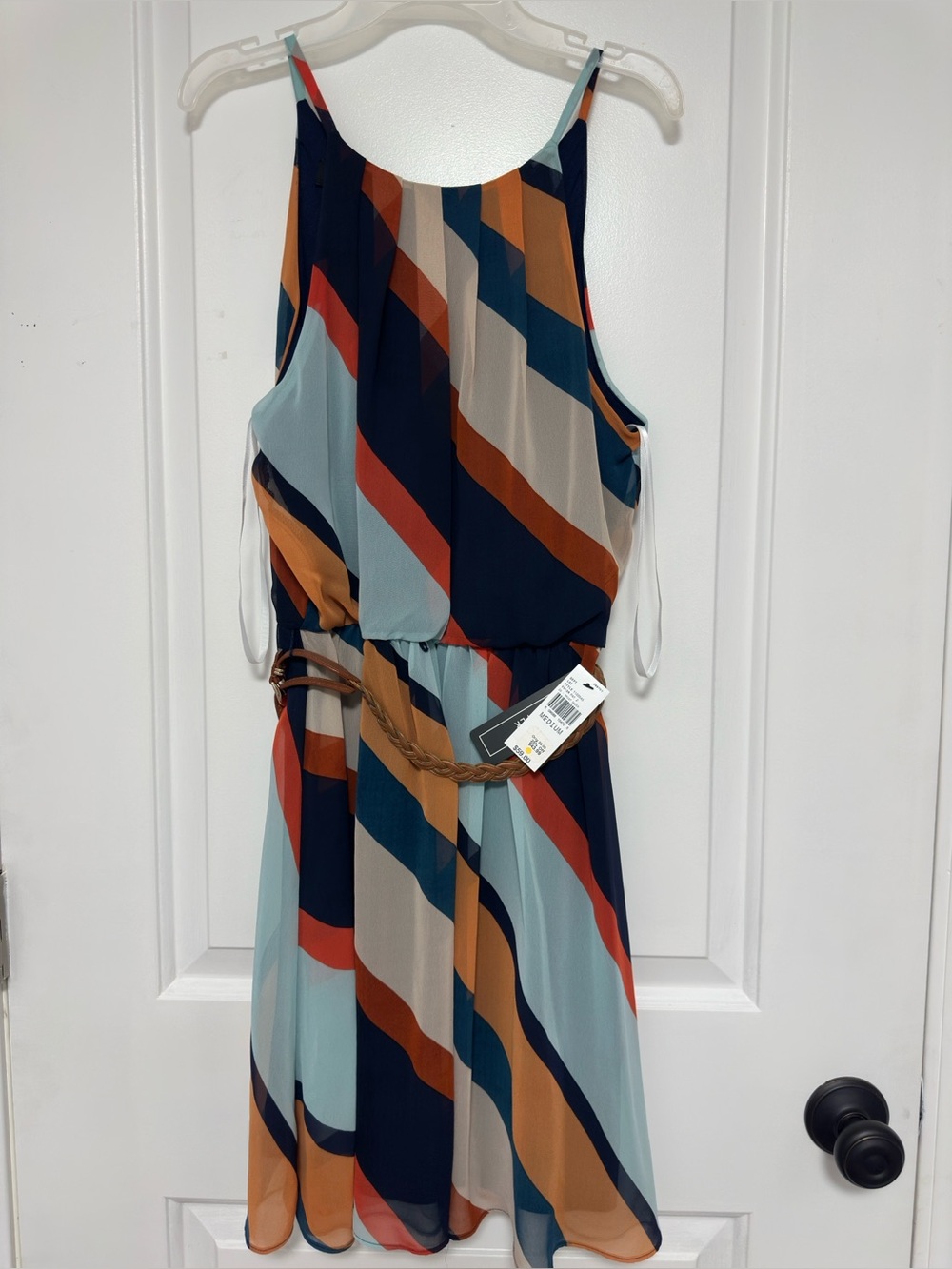 Striped Sleeveless Belted Midi Dress in Multi-Color